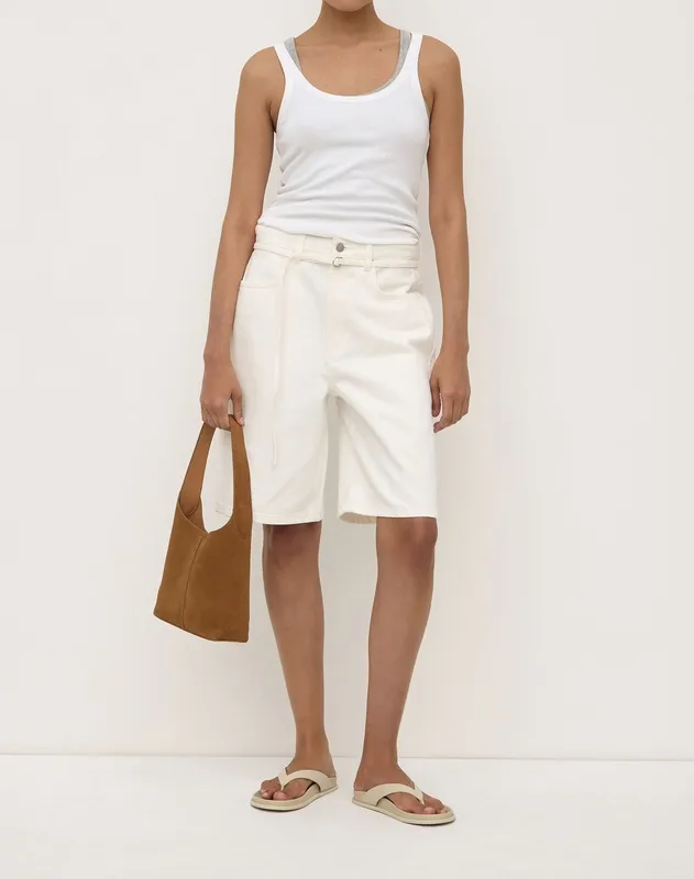 Vintage White Loose-Fit Tie-Waist Long Denim Short