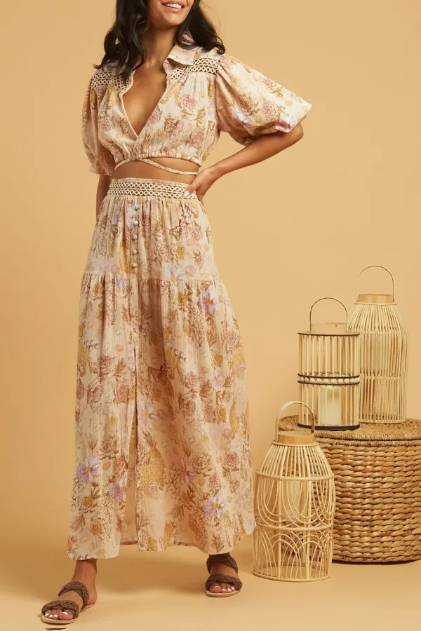 Beige And Pink Floral Print Puff Sleeve Crop Top