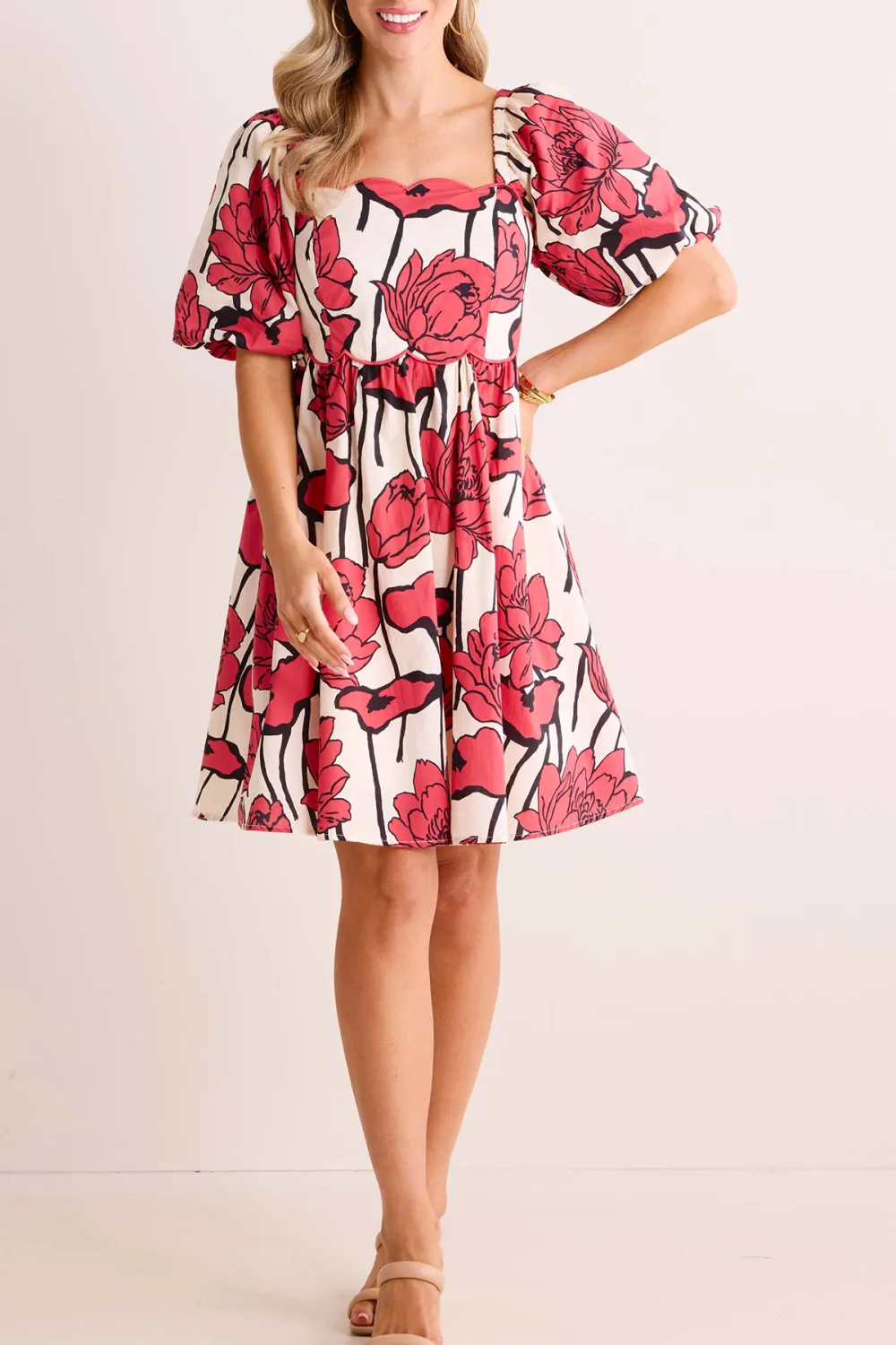 Floral Print Square Neck Puff Sleeve Dress
