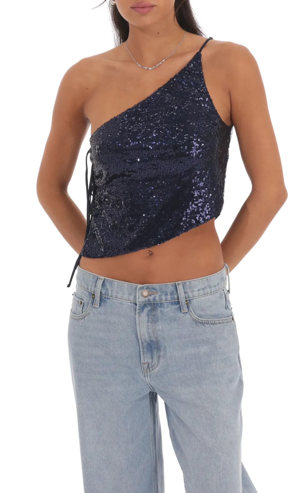 Sequin One Shoulder Tie Top in Navy
