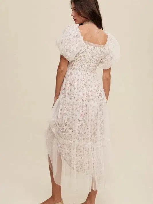 Beauty and Grace Floral Print and Mesh Puff Sleeve Maxi Dress