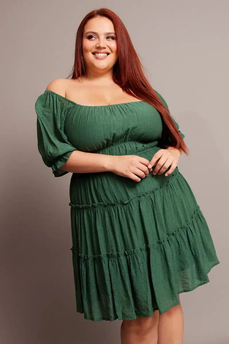 Green Mini Dress With Elastic Waist And Frill Skirt