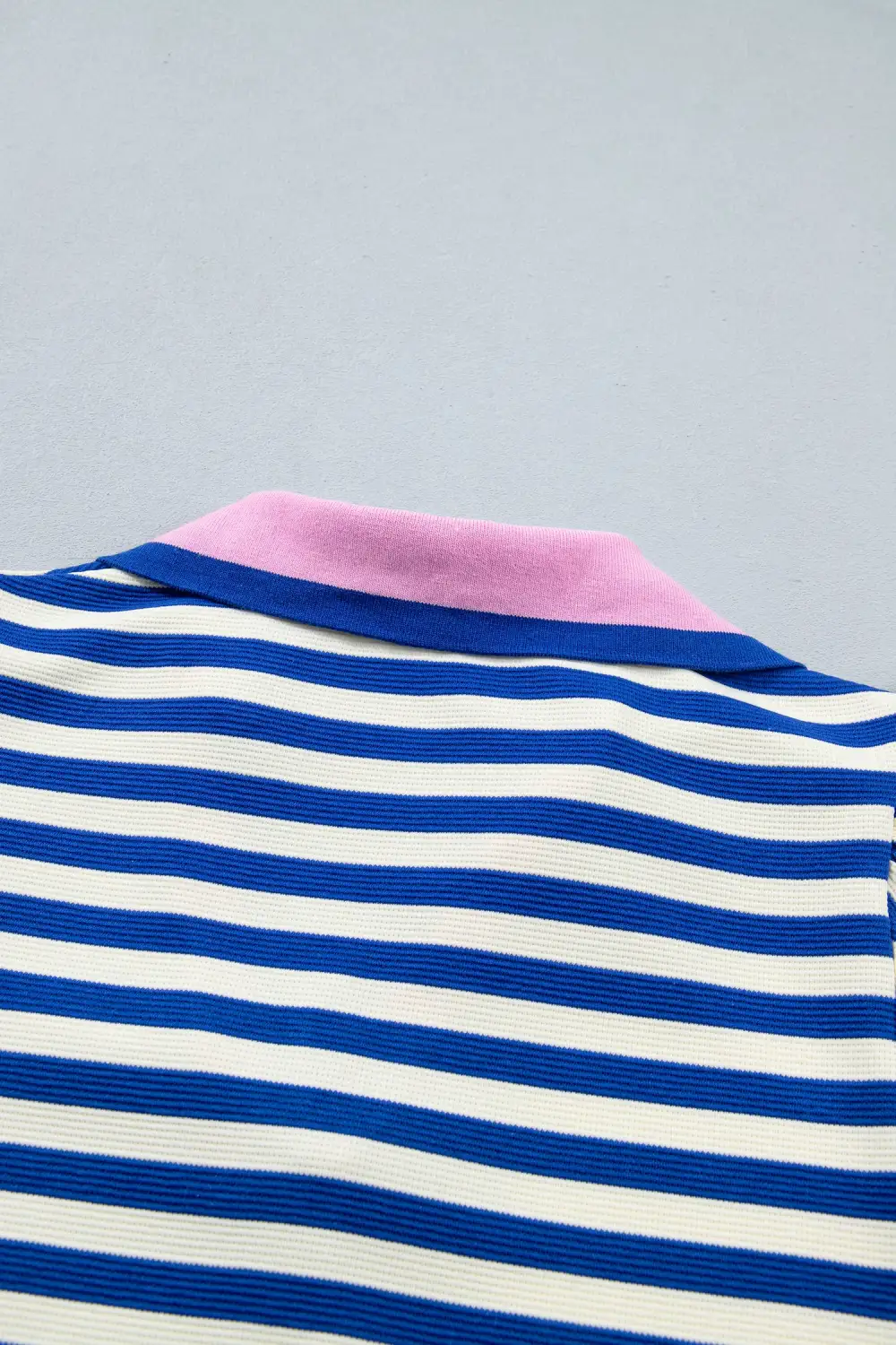 Blue Stripe Contrast Trim Polo Collar Ruffled Short Sleeve Blouse