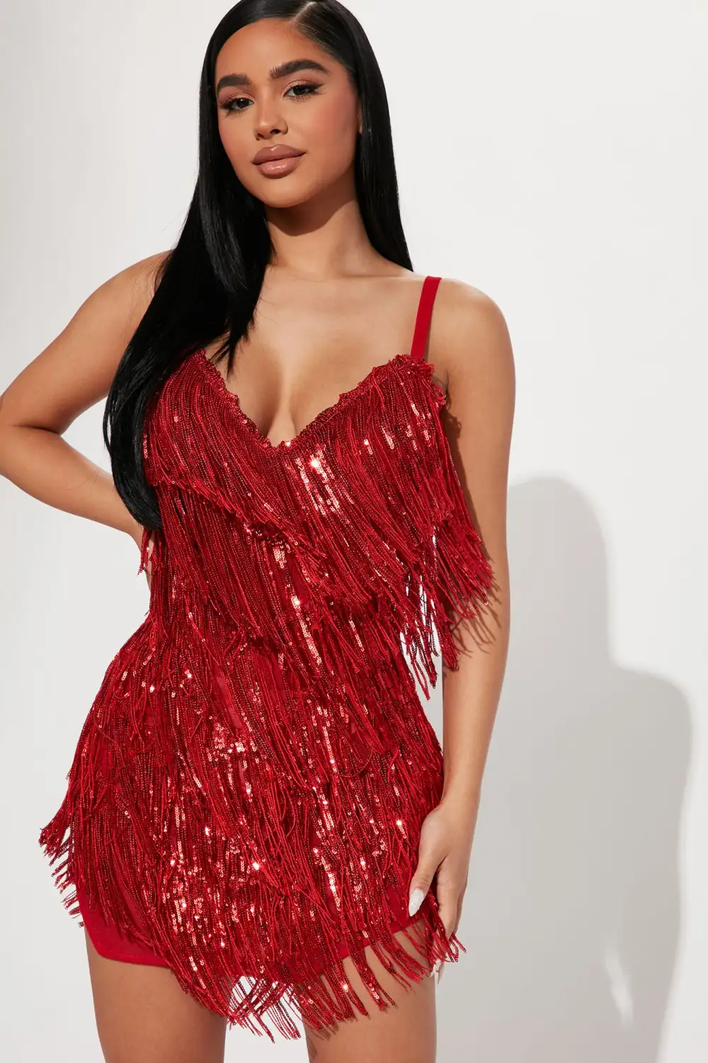 Selena Sequin Fringe Mini Dress - Red