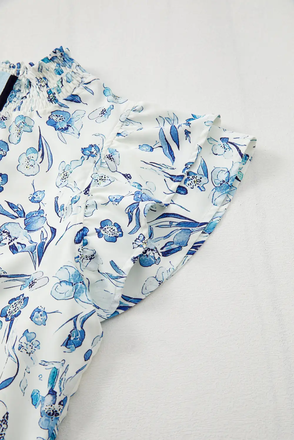 Sky Blue Floral Print Ruffled Short Sleeve Blouse