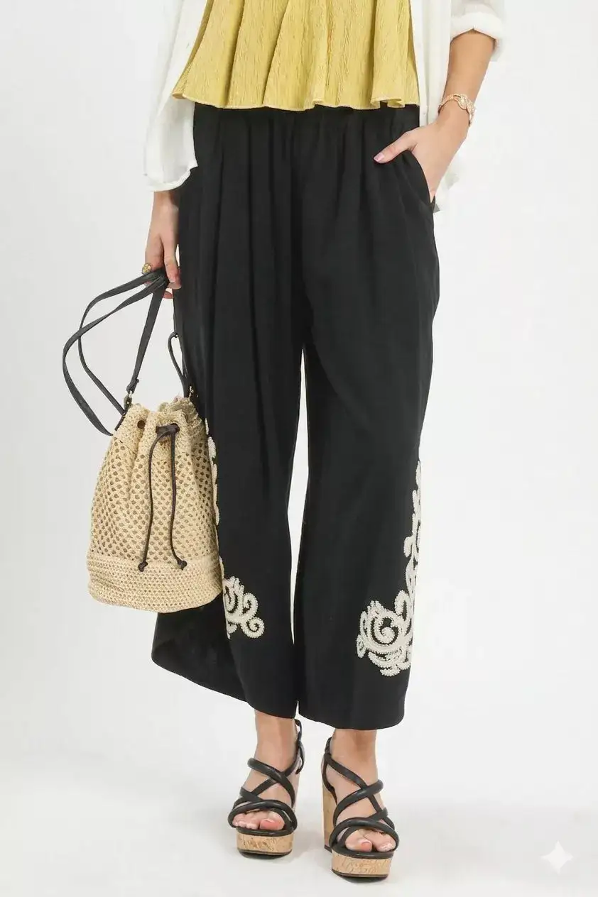Everyday Linen Embroidered Wide Leg Boho Pants