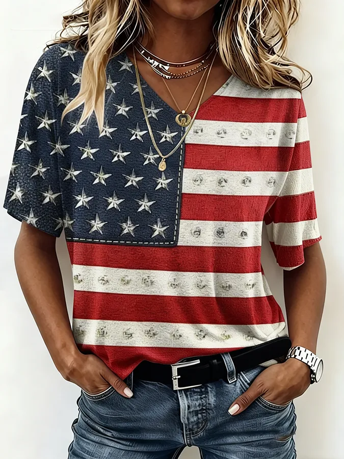 Women'S Casual Retro Flag V-Neck T-Shirt