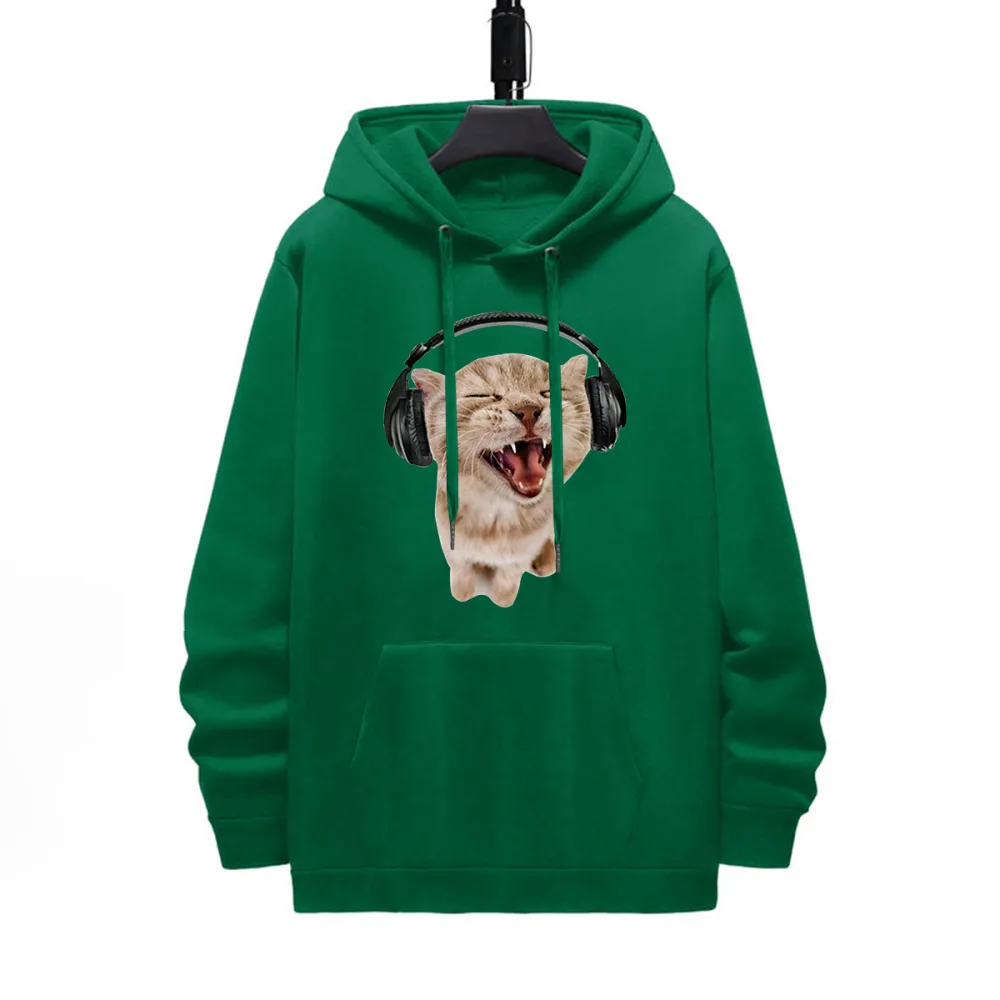 CUTE CAT LISTENING MUSIC PATTERN PRINTED HOODIE