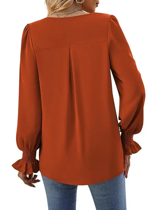 Pleated Chiffon V-Neck Blouse