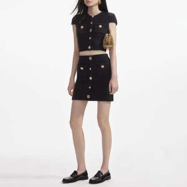 Black Jewel Button Knit Mini Skirt