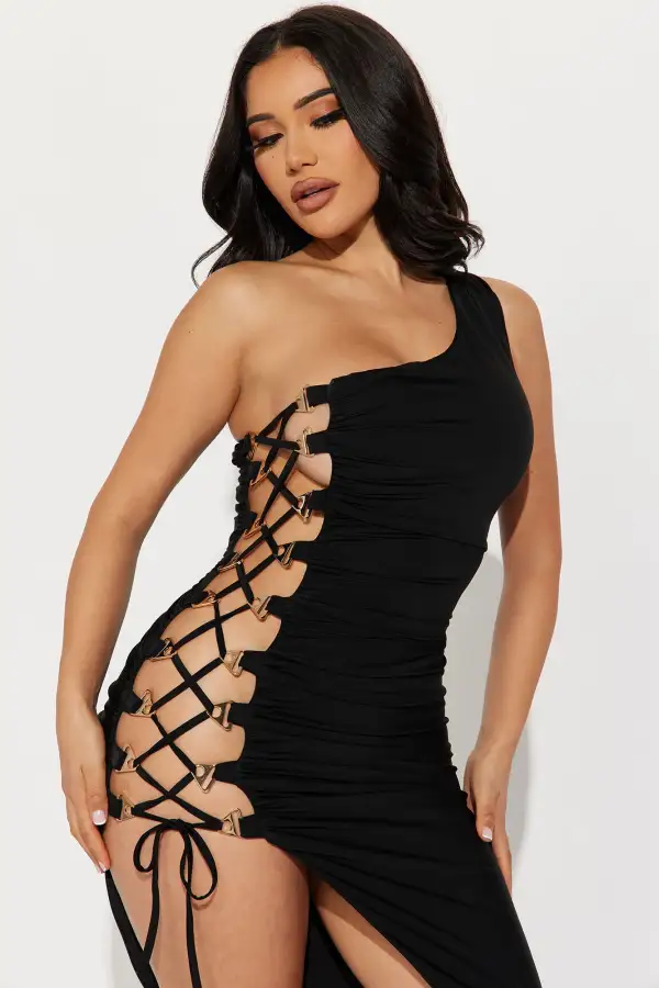 Angelina Lace Up Maxi Dress - Black