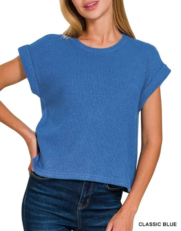 Blue Short Sleeve Crew Neck Sweater