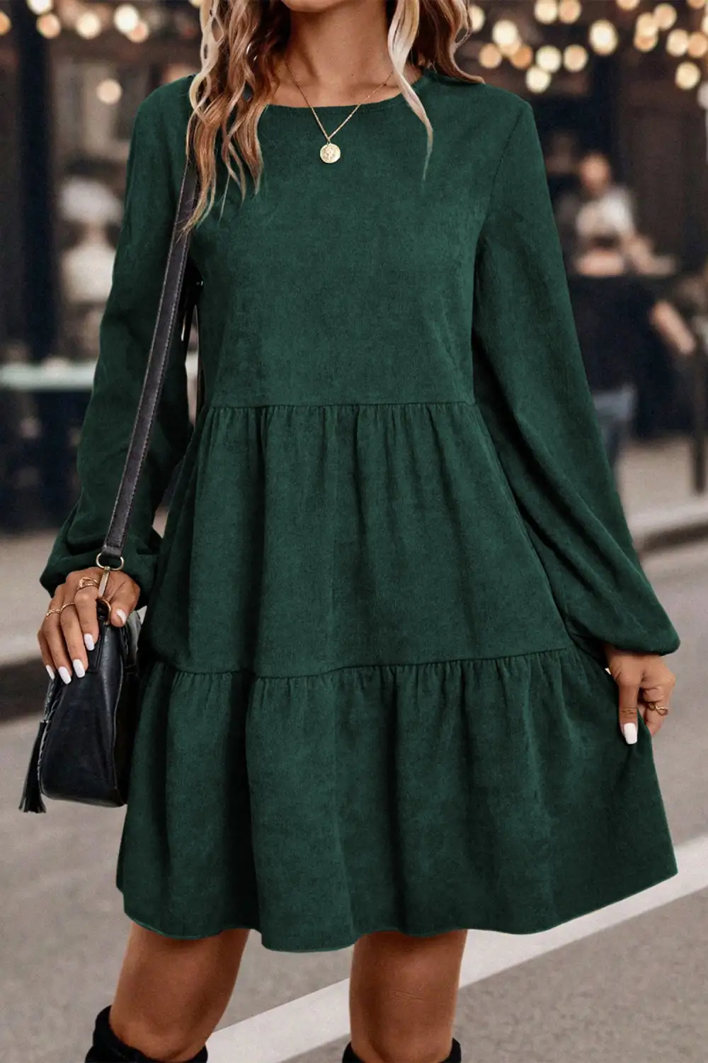 Mist Lantern Sleeve Tiered Mini Dress
