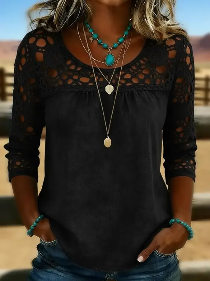 Women's Solid Color Casual Loose Lace Denim Shirt