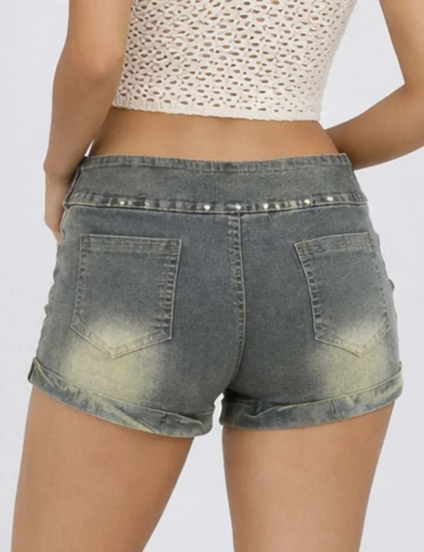 Double Wrap Belt Star Stud Metal Eyelet Denim Mini Shorts