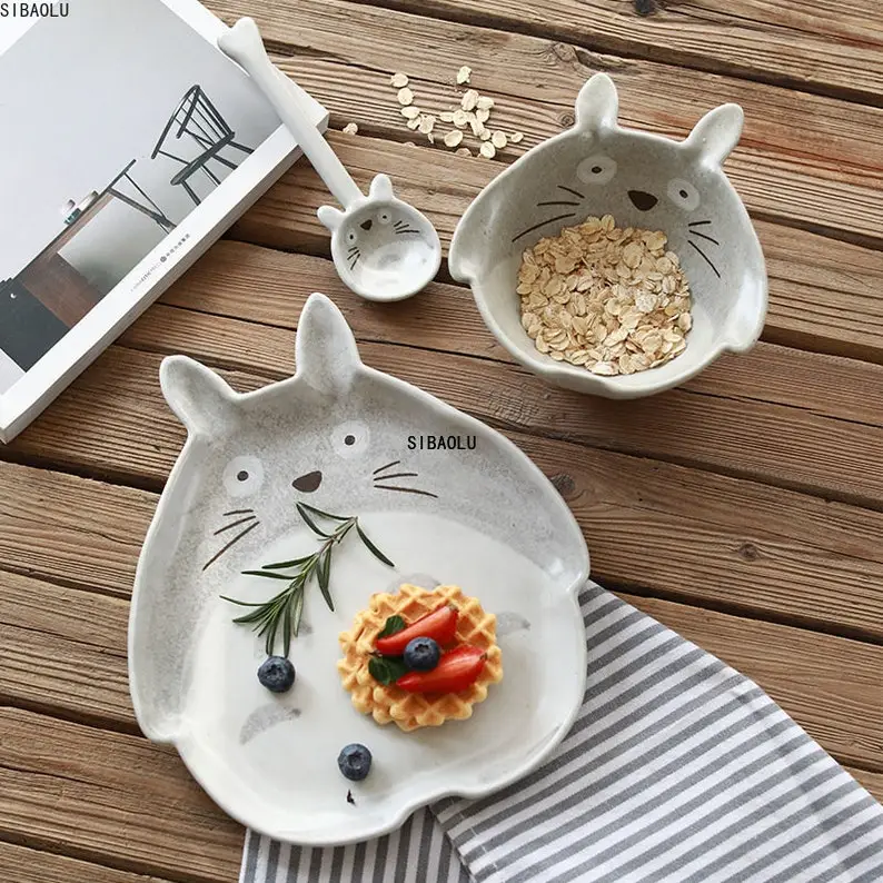 Ceramic Totoro Plate/ Steak Food Dish, Bowl, Spoon/ Cartoon Style Tableware Bowl, Dinner Dish/ High Quality Porcelain Dinnerware Set