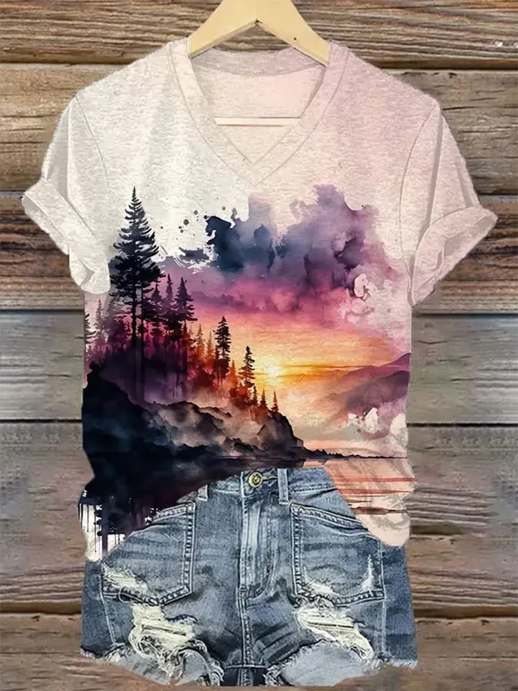 Women's National Park Protection Landscape Forest Sunset Watercolor Ink Print Short Sleeve T-Shirt