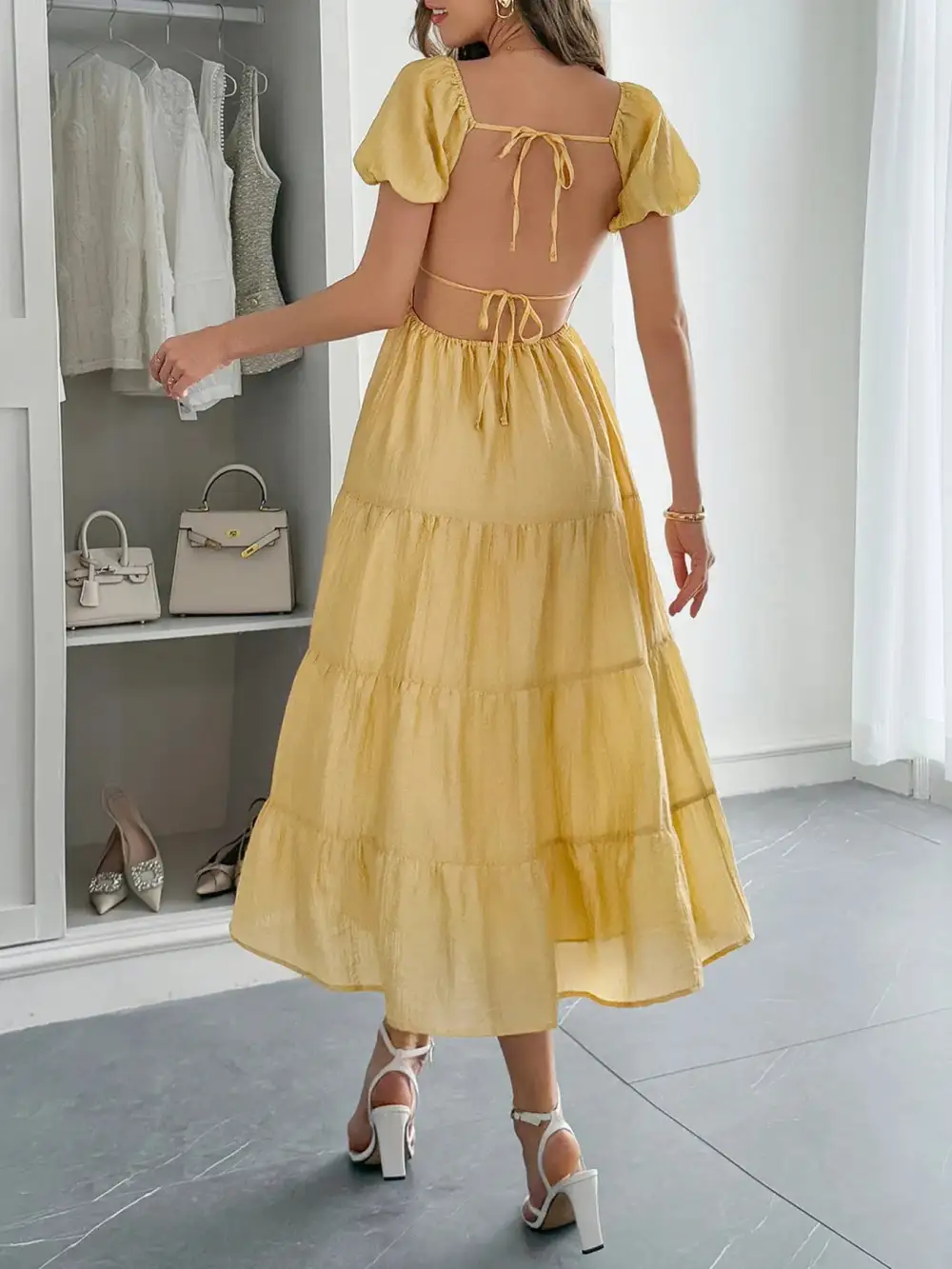 V Neck Short Sleeve Midi Dress
