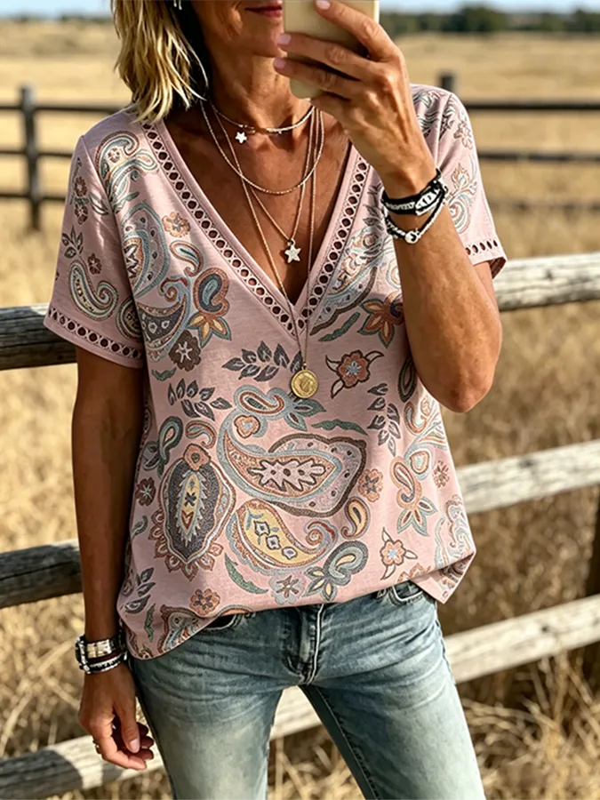 Women's Boho Paisley Print V Neck Trim Short Sleeve Western Blouse