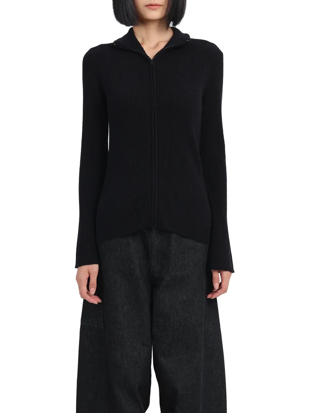 Collarless Knit Cardigan Sweater