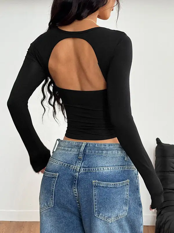 Long Sleeve Slim Fit Backless Pleat Detail Square Neck T-Shirt