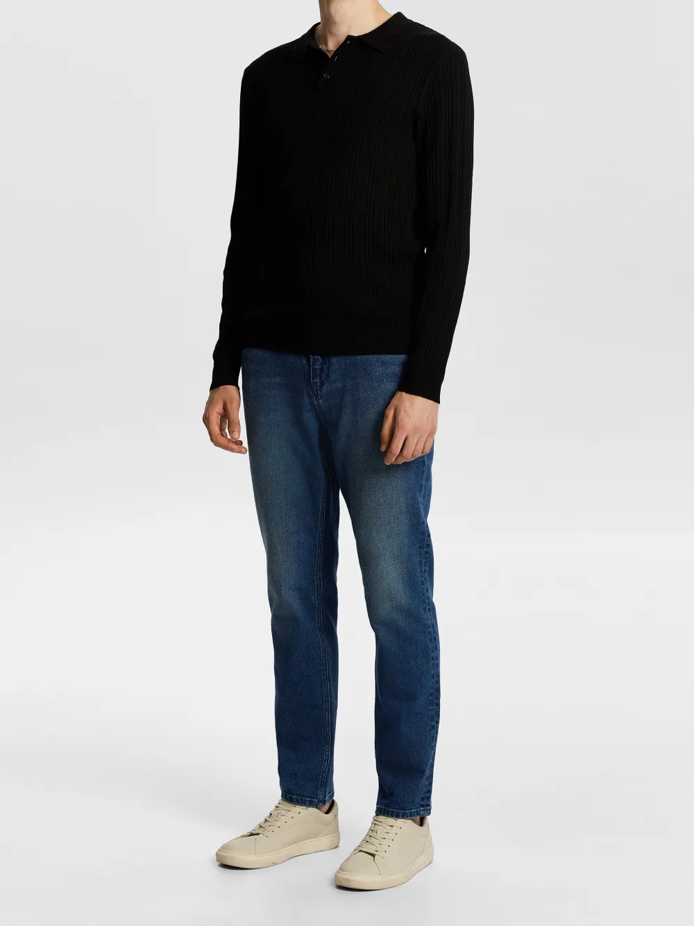 Black Long Sleeve Ribbed Polo Shirt