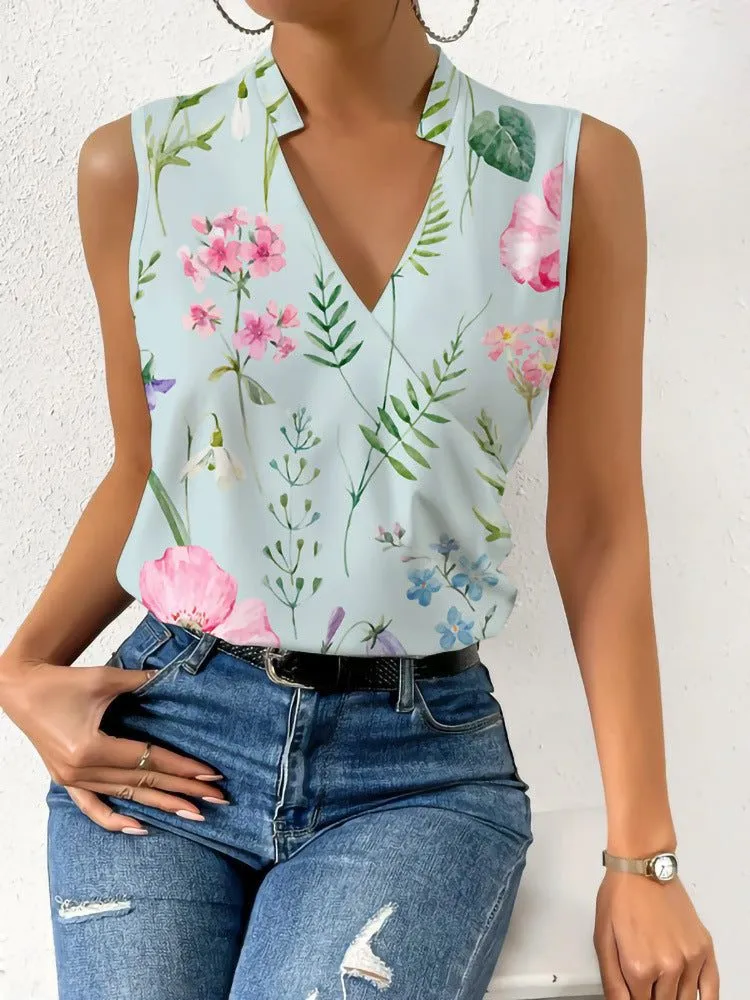 Printed V-Neck Sleeveless Blouse