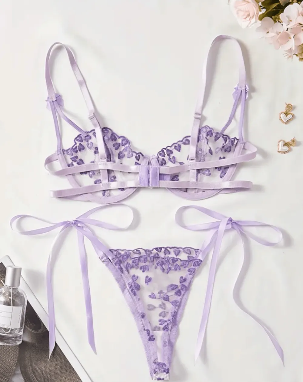 Heart Embroidered Sheer Lingerie Set