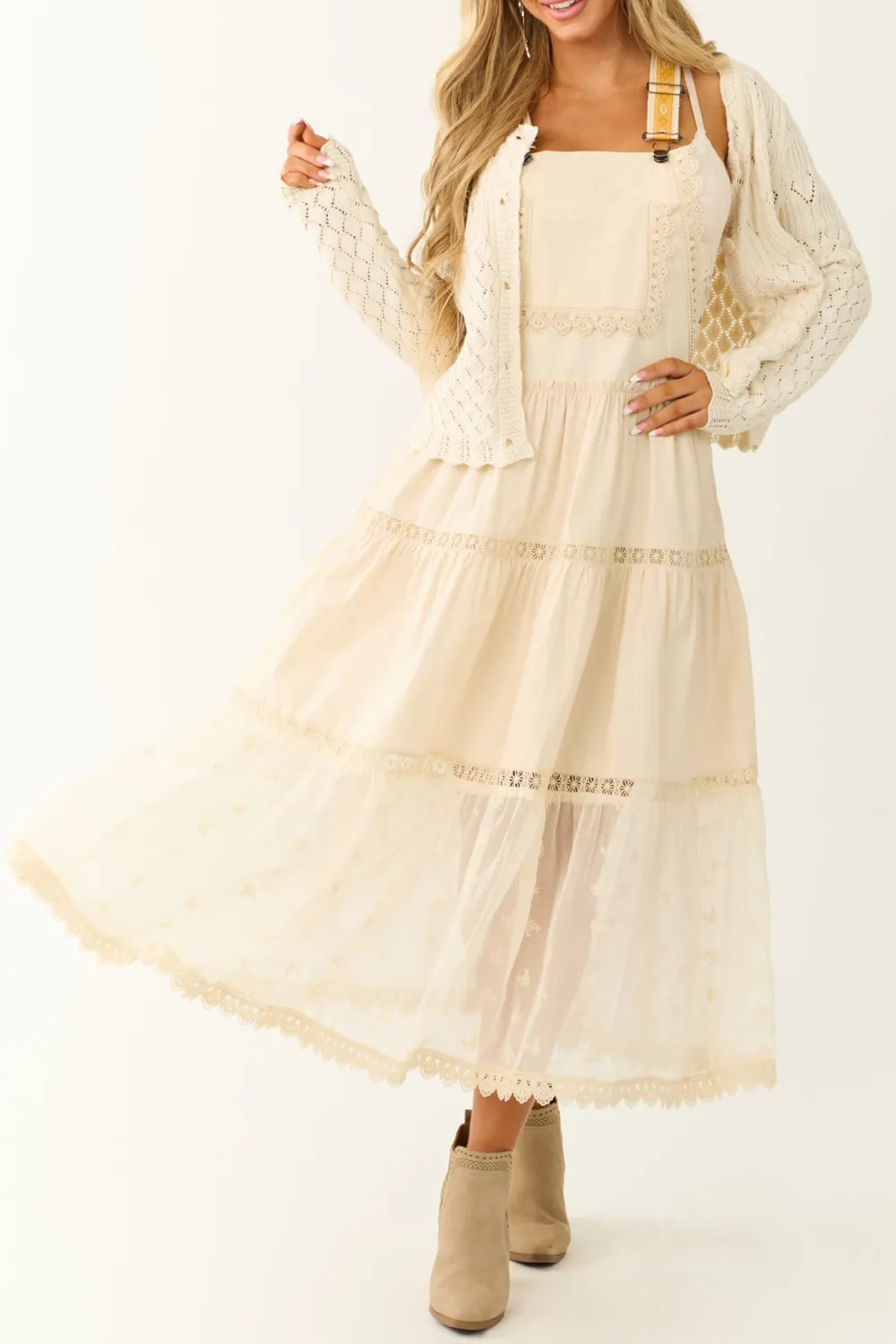 Almond Lace Tiered Overalls Maxi Dress