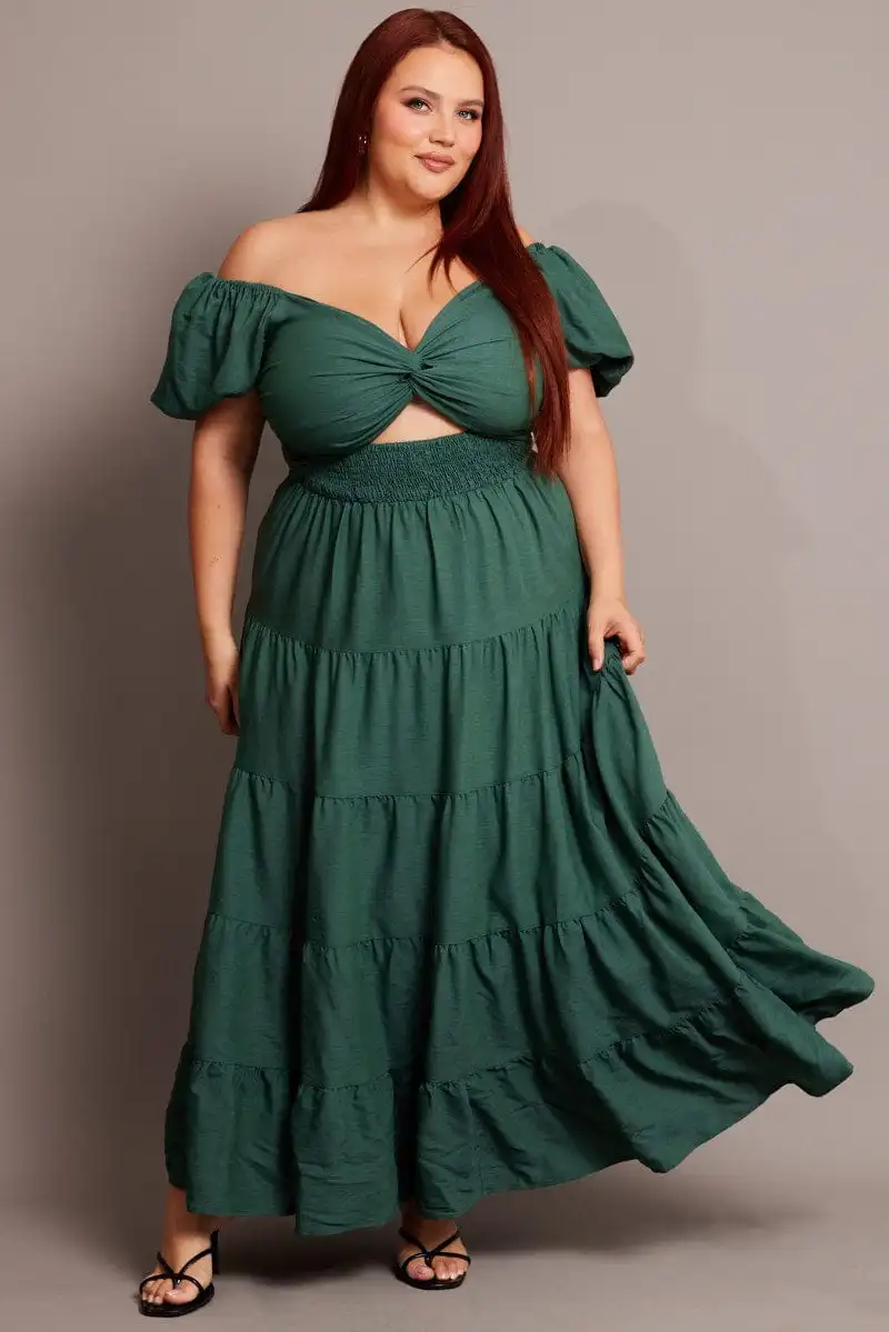 Green Maxi Dress Short Sleeve Twist Front