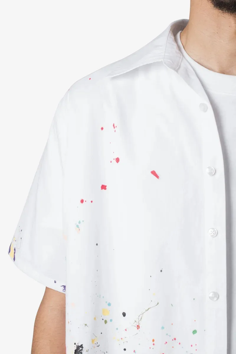 WHITE PAINT SPLATTER POPLIN SHORT SLEEVE SHIRT