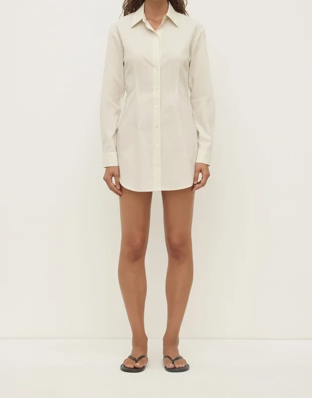 White & Grey Striped Fitted Mini Shirt Dress