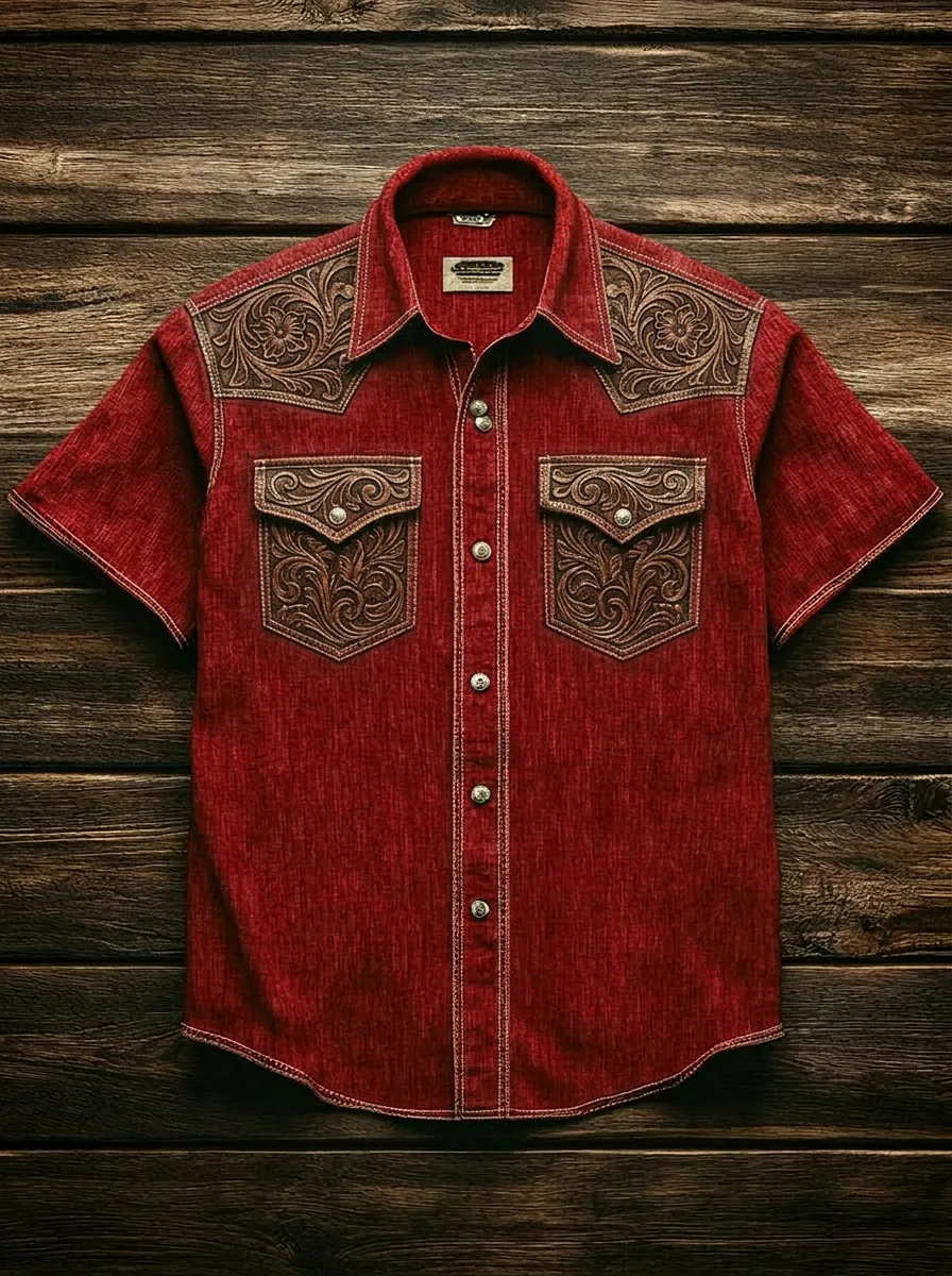 Men's Western Style Floral Tooled Leather Print Short Sleeve Shirt-3