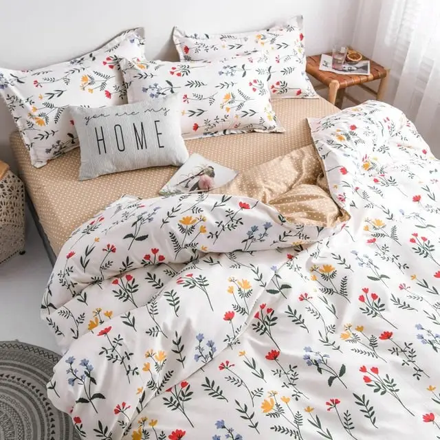 (Store Closing Sale) Flower Duvet Cover Bedding Set Peach Daisy Pastoral style Flat Bed Sheet