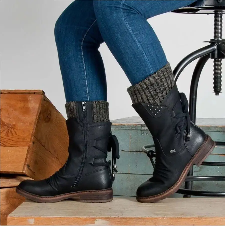 Women Fashion Lace-up Zipper Mid-Calf Boots