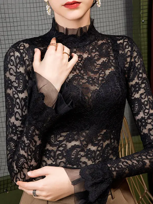 Flared Sleeve Long Sleeve Sheer Panel Detail Mock Neck T-Shirt