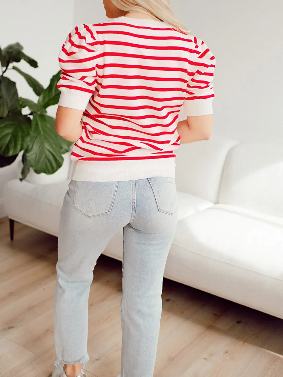 Red striped bubble sleeved sweater top