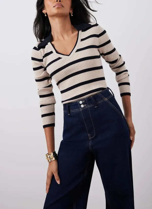 Casual Style Cream Cotton Blend Striped Ribbed Top