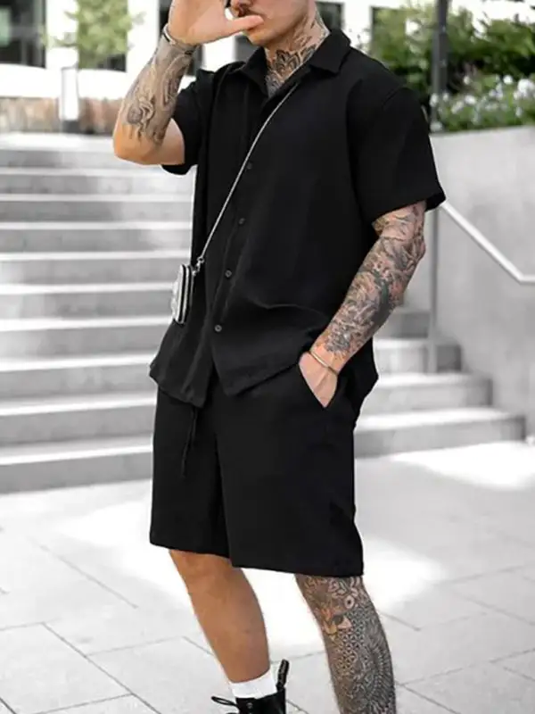 Lapel Collar Everyday Short Sleeve Shorts