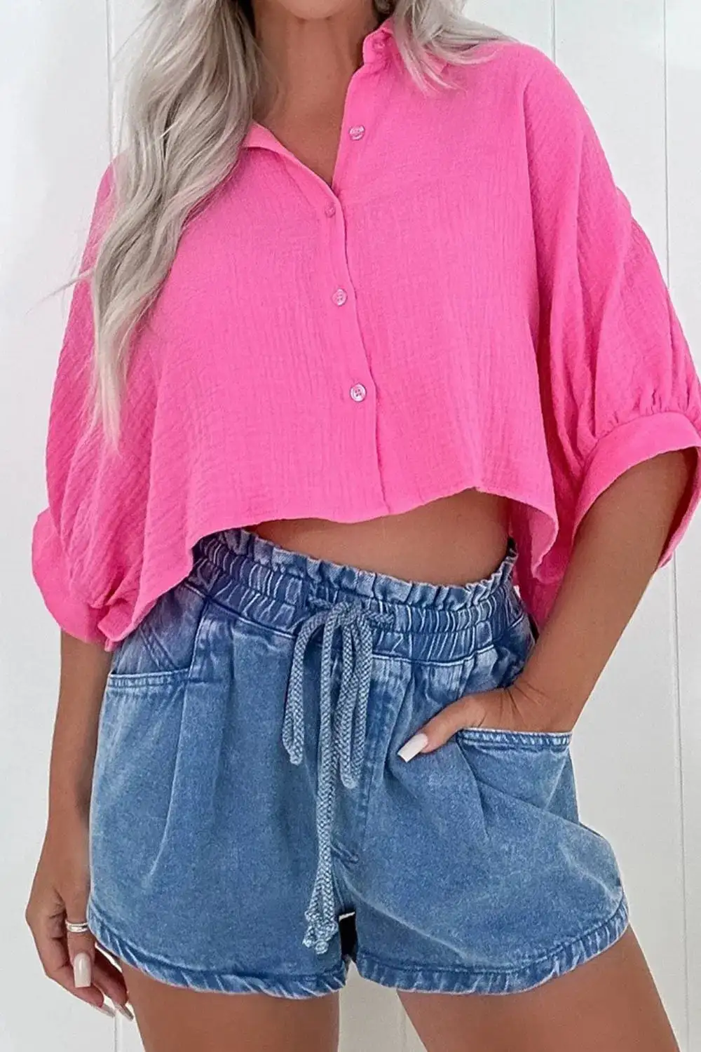 High Waist Drawstring Denim Shorts With Pockets