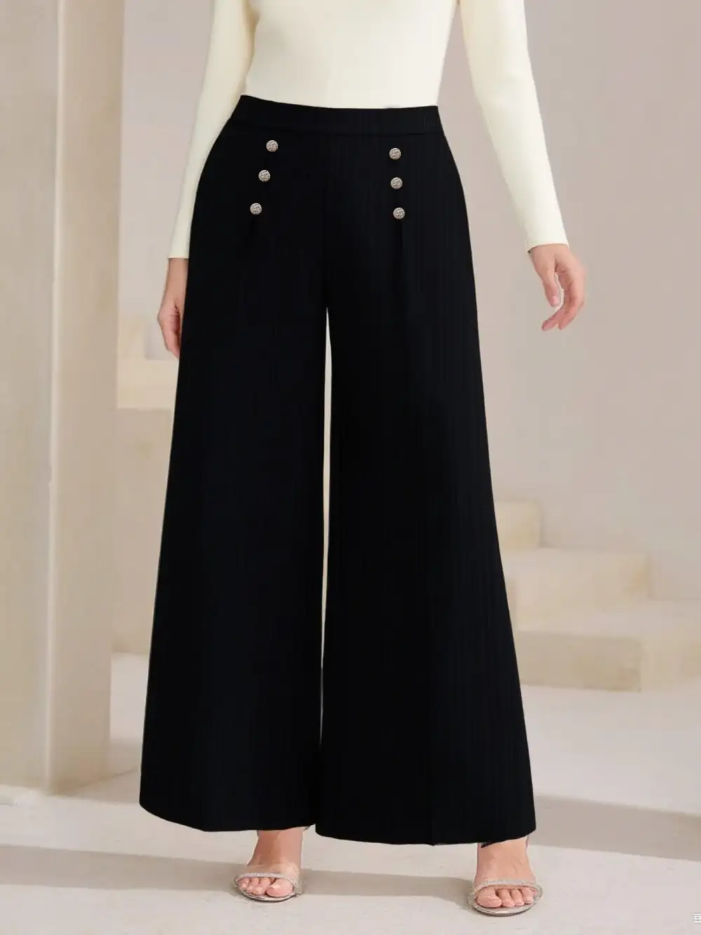 High Waist Wide Leg Button Decor Pants
