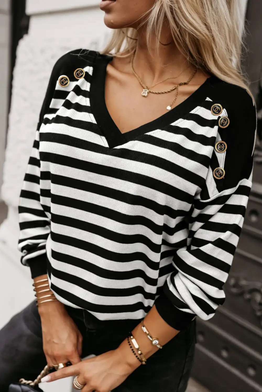 Black Stripe Crochet Hollow-Out Back Buttoned Shoulder V Neck Top