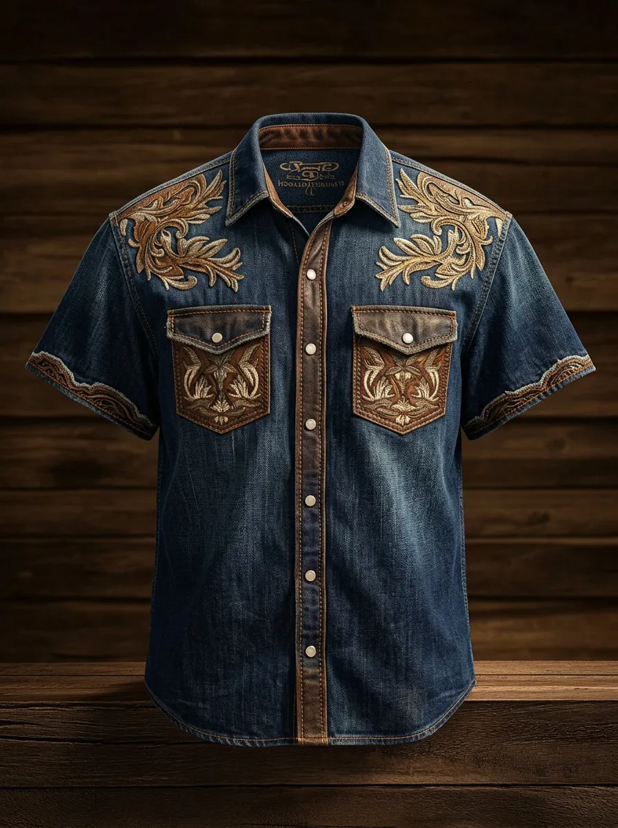 Men's Western Style Floral Embroidery Leather Trim Printed Shirt