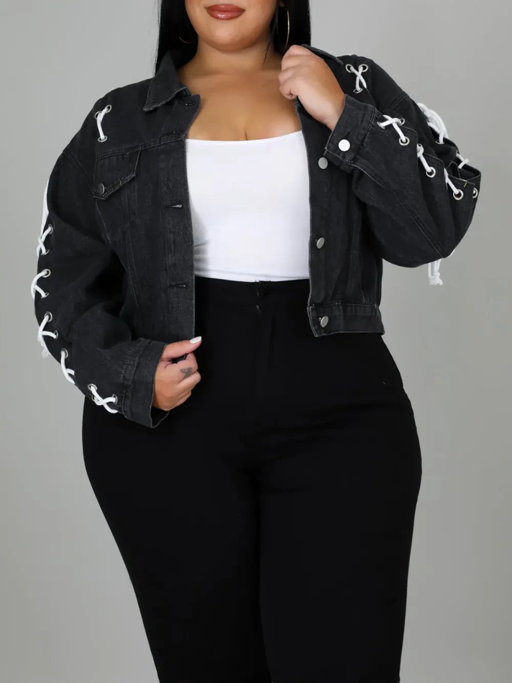 Plus-Size Fashion Women'S Lace-Up Denim Jacket