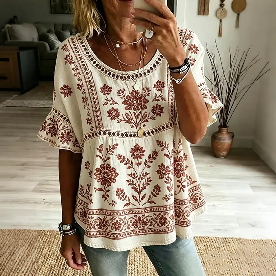 Women's Vintage Floral Print Trim Ruffle Sleeve Peasant Blouse