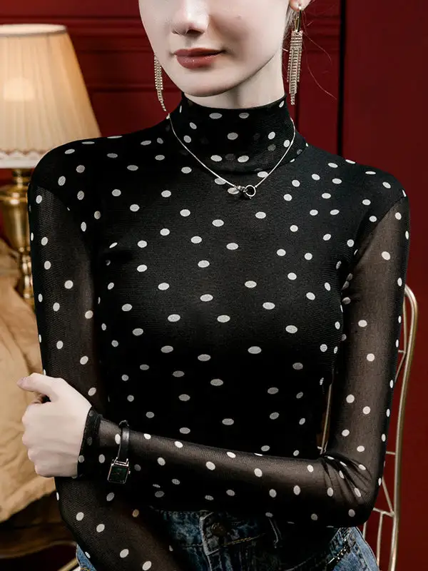 Long Sleeve Curve Fit Polka Dot Mock Neck T-Shirt