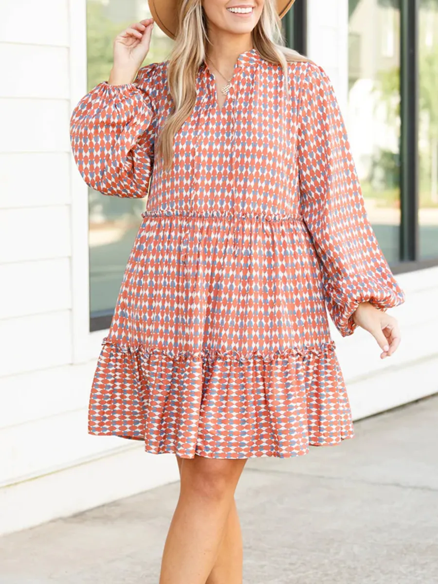 Contrast Geometric Printed Loose Fitting Dress