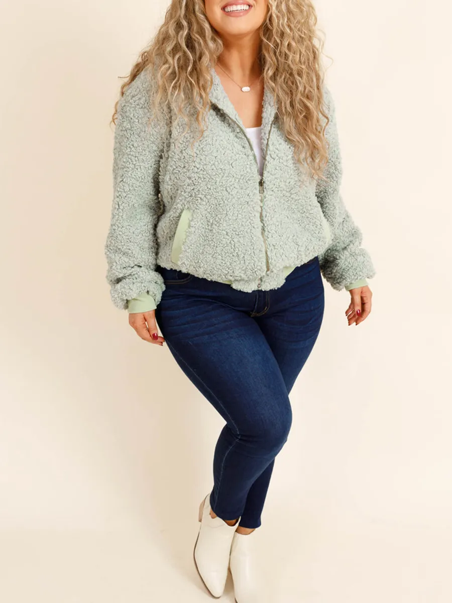 Plush Light Green Patchwork Ribbed Jacket