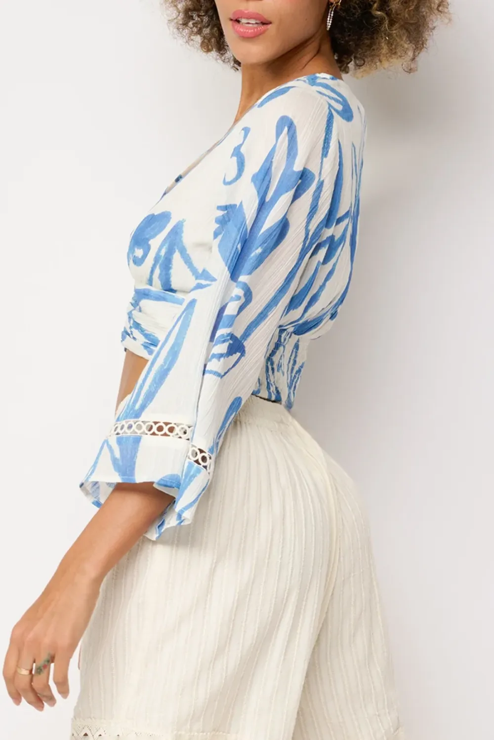 Blue And White Abstract Print Wrap Crop Top