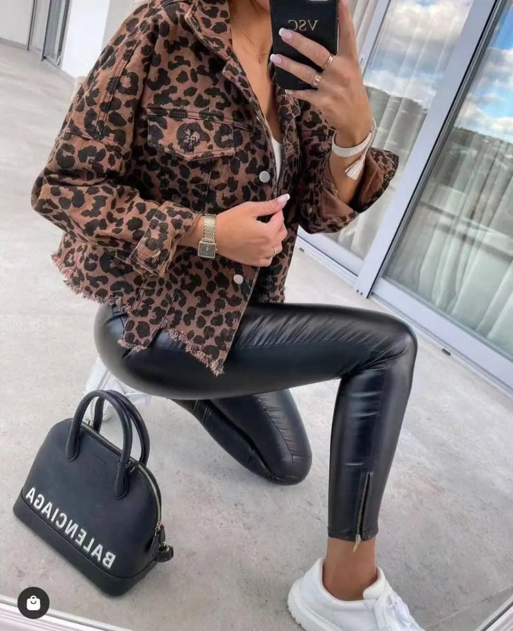 Long Sleeve Leopard Print Daily Denim Jacket